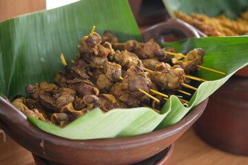 Chicken liver and gizzard satay on banana leaf. Indonesian food. Sate hati ampela ayam