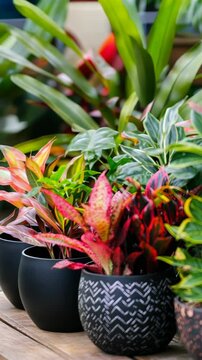Vibrant indoor plants arranged in decorative pots on a sunny afternoon at a garden center