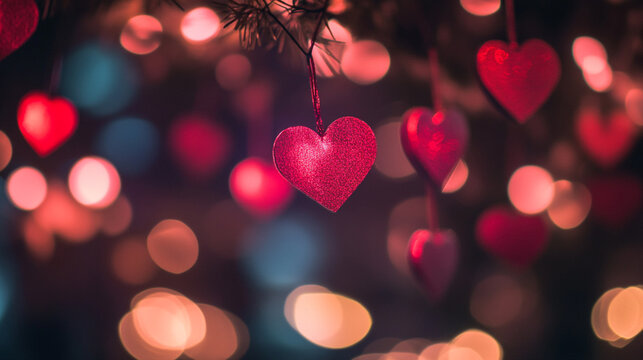 Colorful heart decorations create a romantic atmosphere for Valentine's Day celebrations
