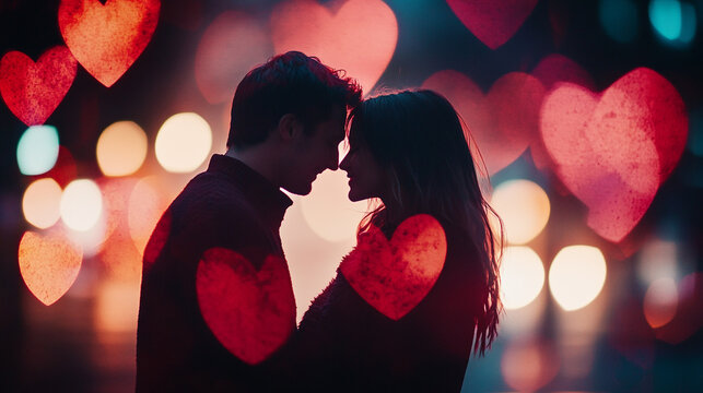 Romantic couple sharing a tender moment on Valentine's Day surrounded by heart shapes