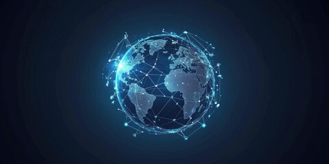Obraz premium Abstract digital blue planet Earth with glowing connections and global network concept on a dark background, a technology wallpaper. Big data world ...