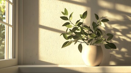 A potted plant sits on a windowsill, casting a shadow on the wall