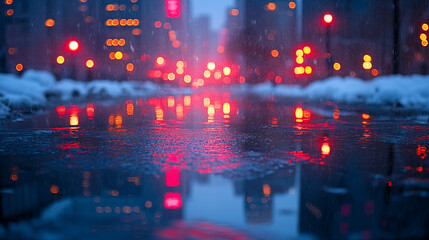 Obraz premium City lights reflecting in rain puddle creating urban mirror effect