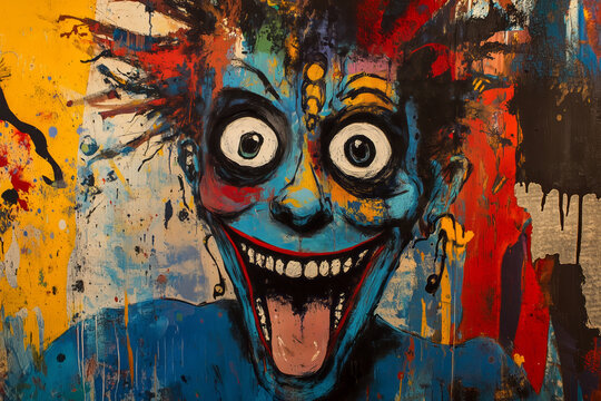Portrait of a madman with his tongue hanging out, painted in oil