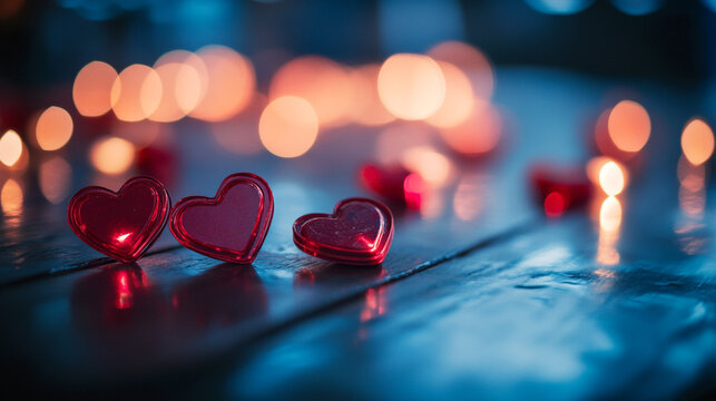 Romantic atmosphere created by red heart decorations and glowing lights for Valentine's Day