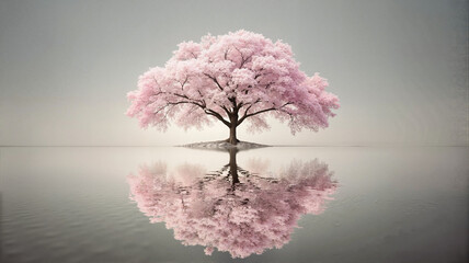 Cherry blossom tree reflected on calm water
