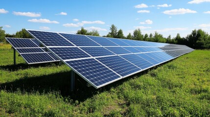 A solar farm with vast rows of panels capturing sunlight on a clear day.