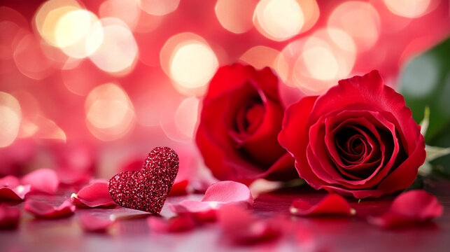 Roses and glitter heart create romantic atmosphere for Valentine's Day celebration