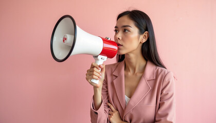 Woman speaking into megaphone against pink background