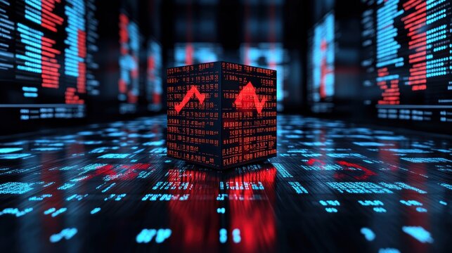 Red down arrow on a digital cube in a data stream.
