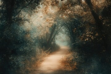 Sunlight filters through the trees, casting a warm glow on the forest path as day transitions into night in this serene outdoor setting