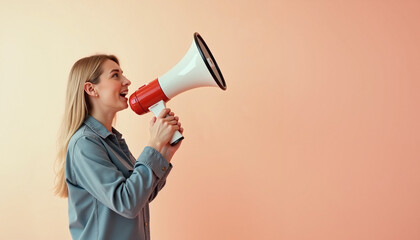 Woman excitedly using megaphone against pastel background