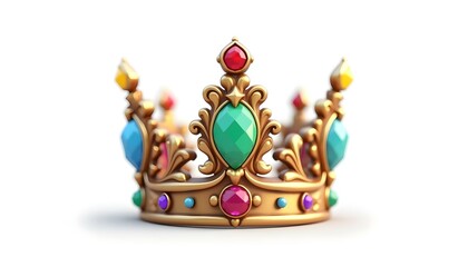 Fototapeta premium 3D render of a jeweled crown icon featuring colorful gemstones and ornate detailing, isolated on a white background create with ai