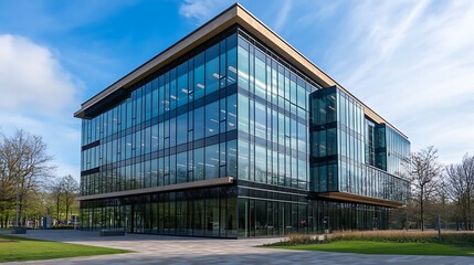 Fototapeta premium Modern glass office building with clear blue sky background