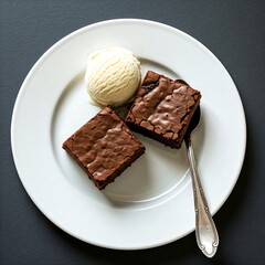 A decadent dessert of chocolate brownies served with a scoop of vanilla ice cream, ideal for indulgent treats.