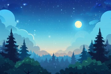 Naklejka premium Silhouetted Pine Trees Against a Night Sky with a Full Moon