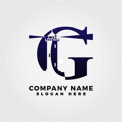 Lighthouse blended with letter G logo template. Lighthouse logo with letter combination
