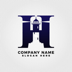 Lighthouse blended with letter H logo template. Lighthouse logo with letter combination