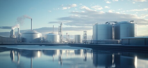 Obraz premium A vast industrial complex with a massive LNG storage tank designed for holding liquified natural gas at low temperatures, showcasing modern energy ... See More