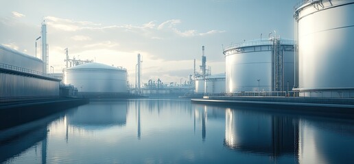 Obraz premium A vast industrial complex with a massive LNG storage tank designed for holding liquified natural gas at low temperatures, showcasing modern energy ... See More
