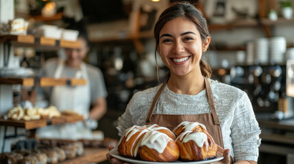 Smiling baker holding freshly baked cinnamon rolls with icing