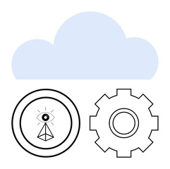 Cloud shape above gear and eye-pyramid symbols illustrating cloud computing, AI, automation, analytics, innovation, connectivity, and abstract line flat metaphor