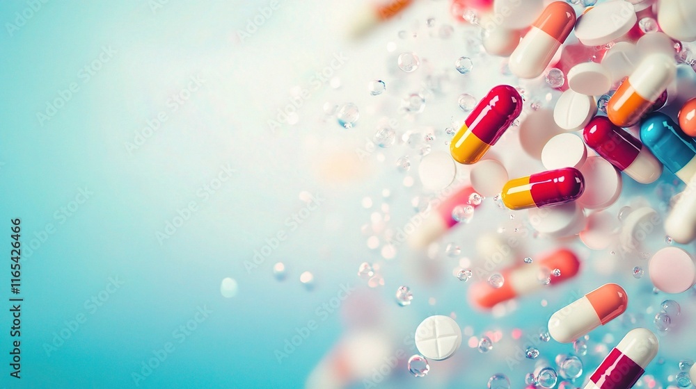 Poster abstract medical background with floating colorful molecules and substances