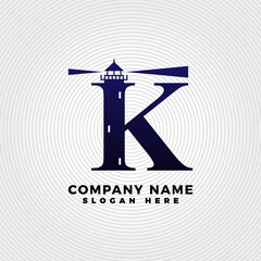 Lighthouse blended with letter K logo template. Lighthouse logo with letter combination