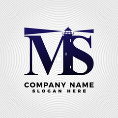 Lighthouse blended with letter MS logo template. Lighthouse logo with letter combination
