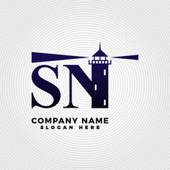 Lighthouse blended with letter SN logo template. Lighthouse logo with letter combination