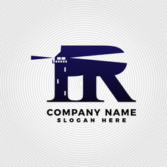 Lighthouse blended with letter R logo template. Lighthouse logo with letter combination