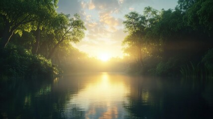 Sun Rising Over a Serene Lake - Generative AI