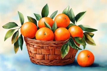 A vibrant basket filled with fresh oranges and green leaves, set against a soft pastel background, showcasing the beauty of nature's bounty.