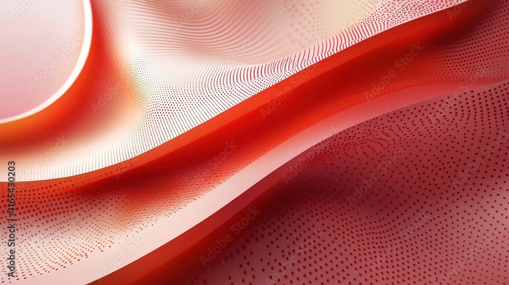 Poster abstract curved surfaces with halftone dots in red background