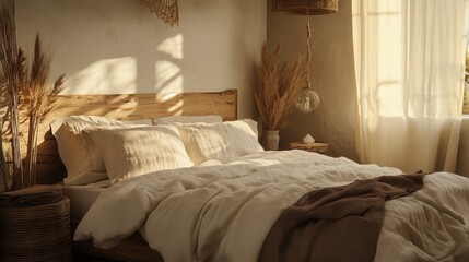 a 3D visualization of a cozy bedroom with soft lighting, a plush bed, and natural textures like wood and linen. 