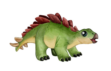 Cute cartoon stegosaurus. Watercolor illustration isolated on white background