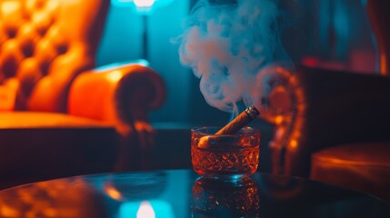A captivating scene featuring a drink with smoke rising from it. The ambiance is luxurious and inviting. An ideal setting for relaxation. Generative AI