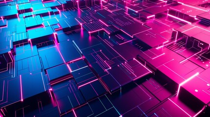 Obraz premium Complex network of glowing neon lines forming intricate patterns on a futuristic circuit board, ideal for technology or abstract backgrounds