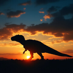 Majestic Silhouette of a Dinosaur Against a Vibrant Sunset Sky with Dramatic Clouds