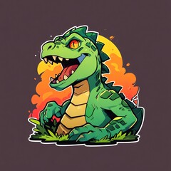 Fototapeta premium Cute Baby Dinosaur in a Fiery Sunset Illustration