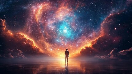 Fototapeta premium Cosmic Perspective: A solitary figure stands in awe before a breathtaking cosmic panorama, a nebula of swirling gas and stardust illuminating the vastness of space. The scene evokes a sense of wonder.