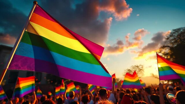 Pride Parade with Vibrant Rainbow Flags Waving at Sunset in Celebration