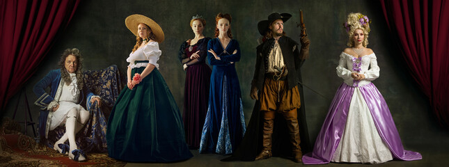 Collage. Group of people dressed in elaborate period clothing, including nobleman, peasants, and royalty, posing dramatically against vintage background. Concept of eras, history, comparisons of years © Lustre Art Group 