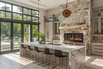  Luxury Kitchen with Grey Cabinets, Marble Island, and Outdoor Patio Access
