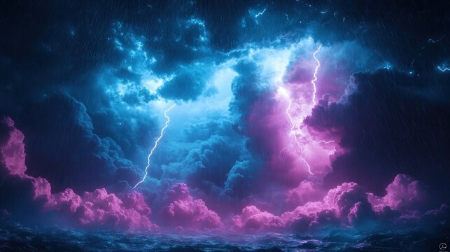 Dramatic stormy ocean scene with vibrant lightning.