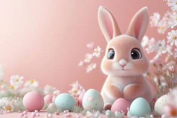 Easter Bunny Charm: A delightful 3D rendering of an adorable bunny surrounded by pastel Easter eggs and delicate blossoms. Perfect for springtime celebrations and Easter greetings.  