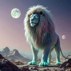 Majestic Cosmic Lion Standing on Alien Landscape Under Two Moons and Starry Sky