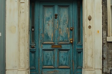Weathered teal front door on old building.