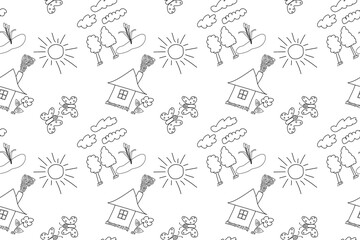 Seamless black and white pattern featuring a whimsical countryside with houses, trees, clouds, sun, flowers, and butterflies.