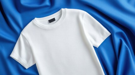 Plain White T-Shirt on Blue Satin Fabric Background for Fashion